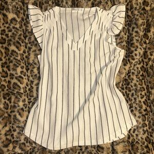 White + Black pinstripe Business Casual Ruffle Sleeve Top